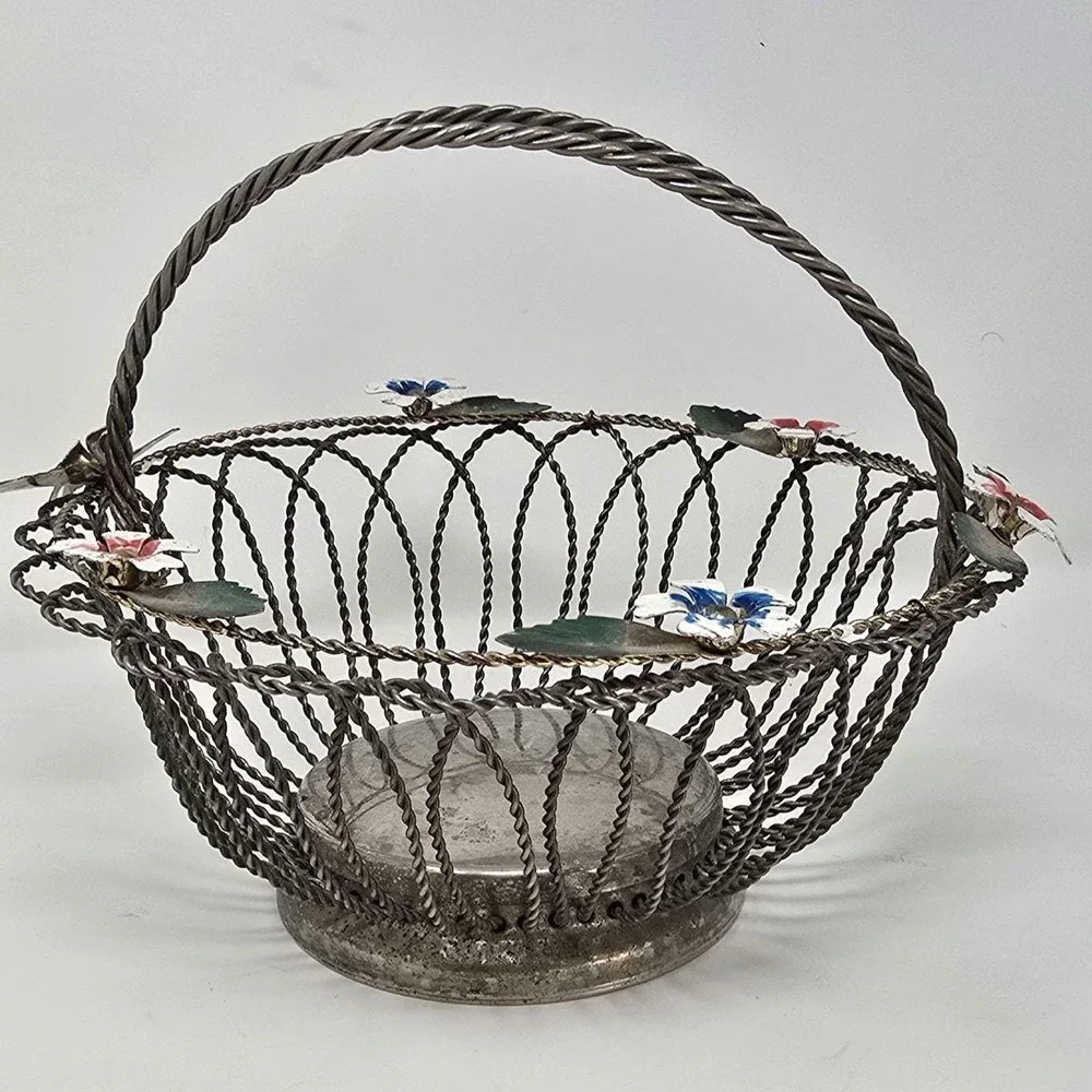 Vtg chrome metal wire fruit bowl basket retro flower kitchen‎ décor rustic